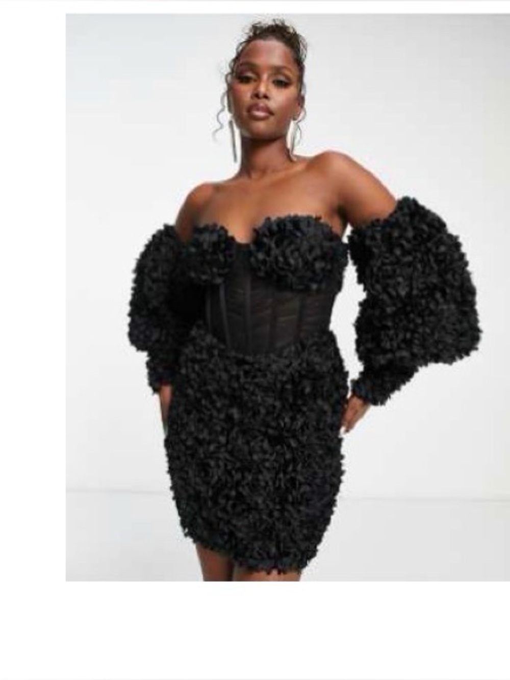 ASOS Black Strapless Textured Corset Mini Dress with Voluminous Sleeves
